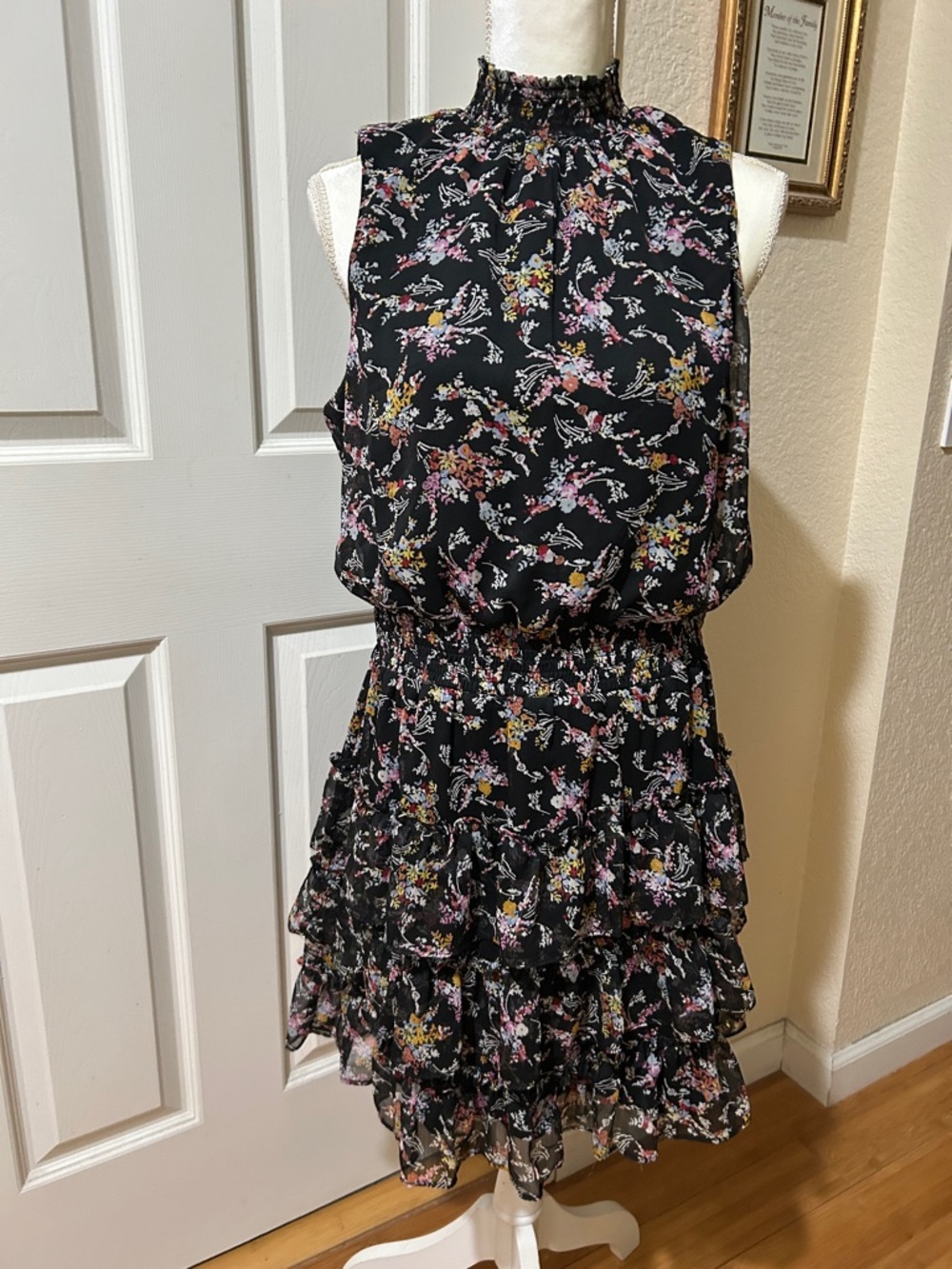MSK Black Floral Midi Dress with Pink and Yellow Accents